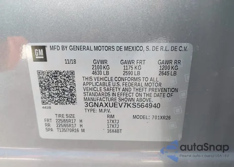 2019 Chevrolet Equinox Lt z USA, uszkodzony, nr VIN 3GNAXUEV7KS564940
